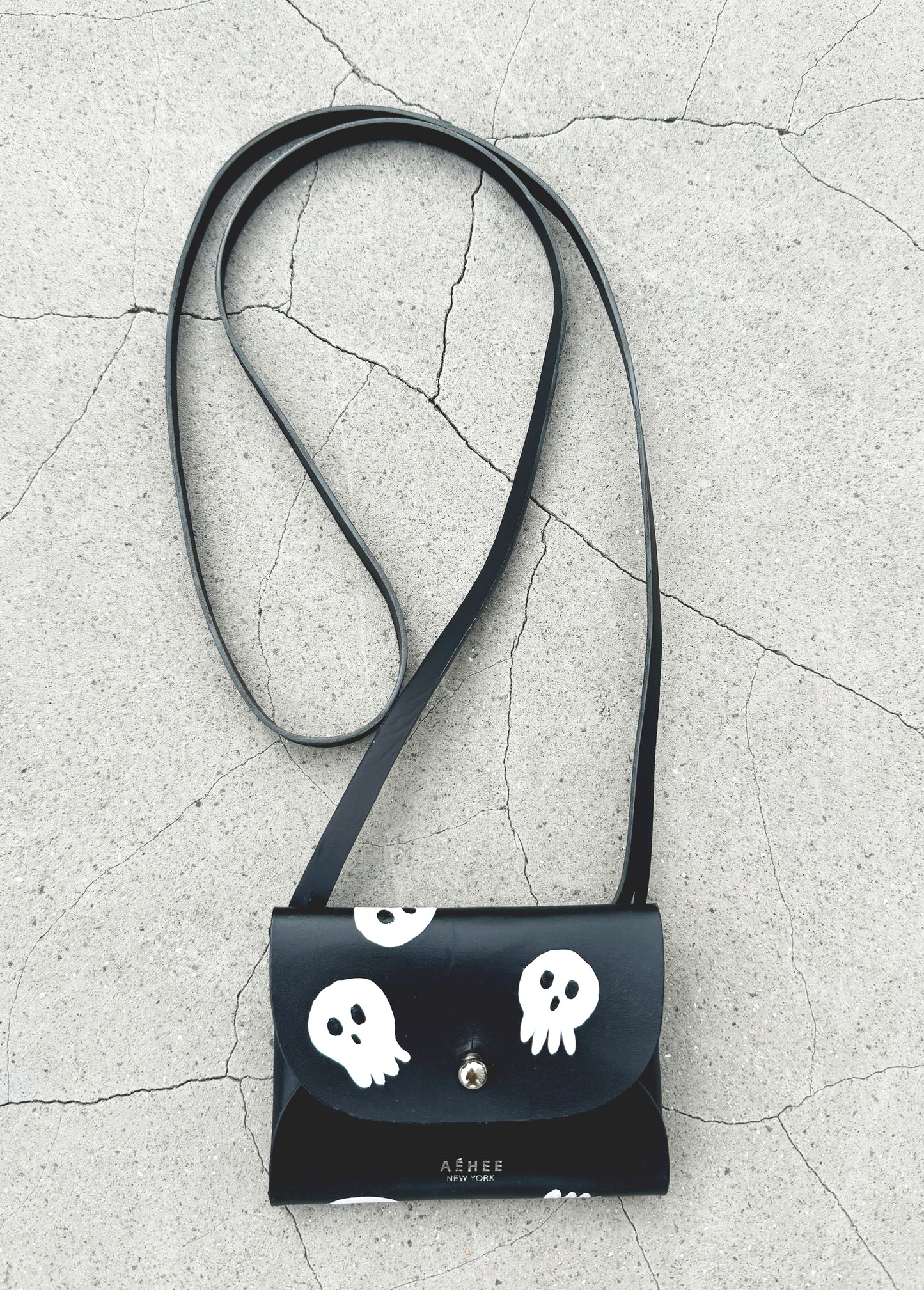 SKULL card holder wallet with Shoulder strap - Black