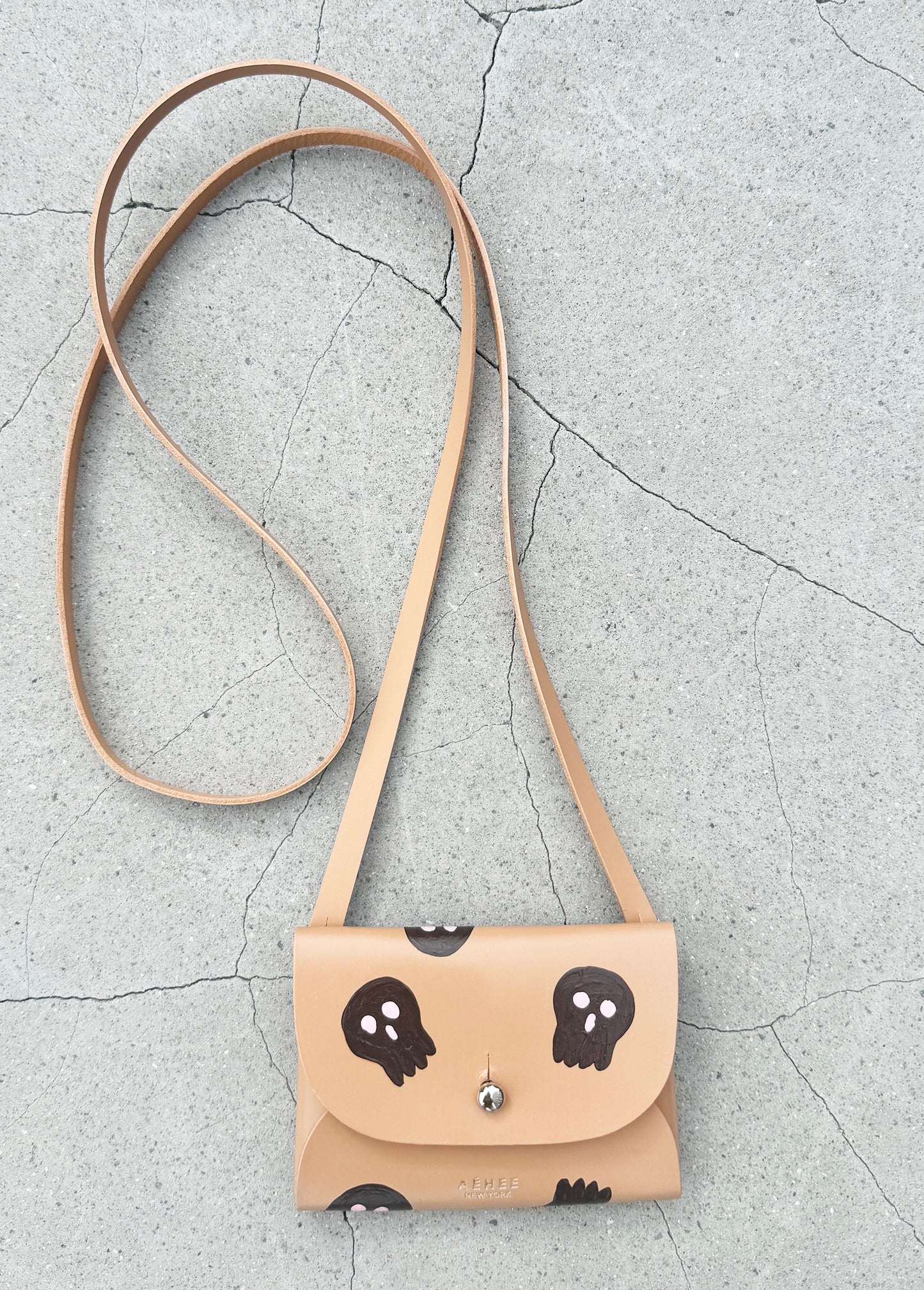 SKULL card holder wallet with Shoulder strap - Cashew