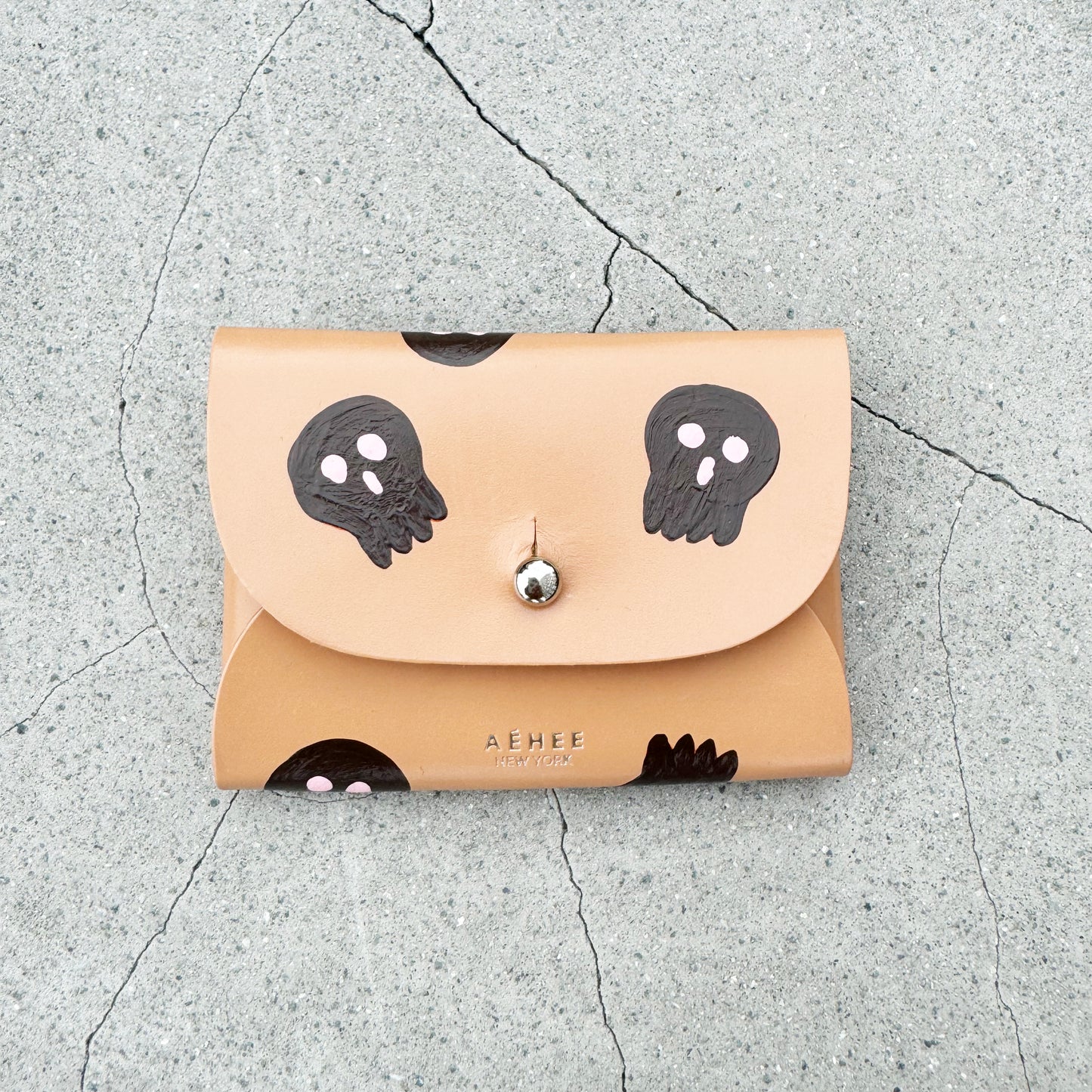 SKULL card holder wallet with Shoulder strap - Cashew