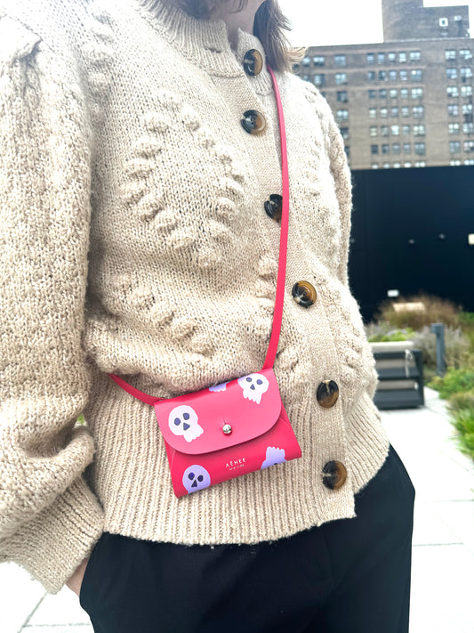 SKULL card holder wallet with Shoulder strap - Raspberry Red