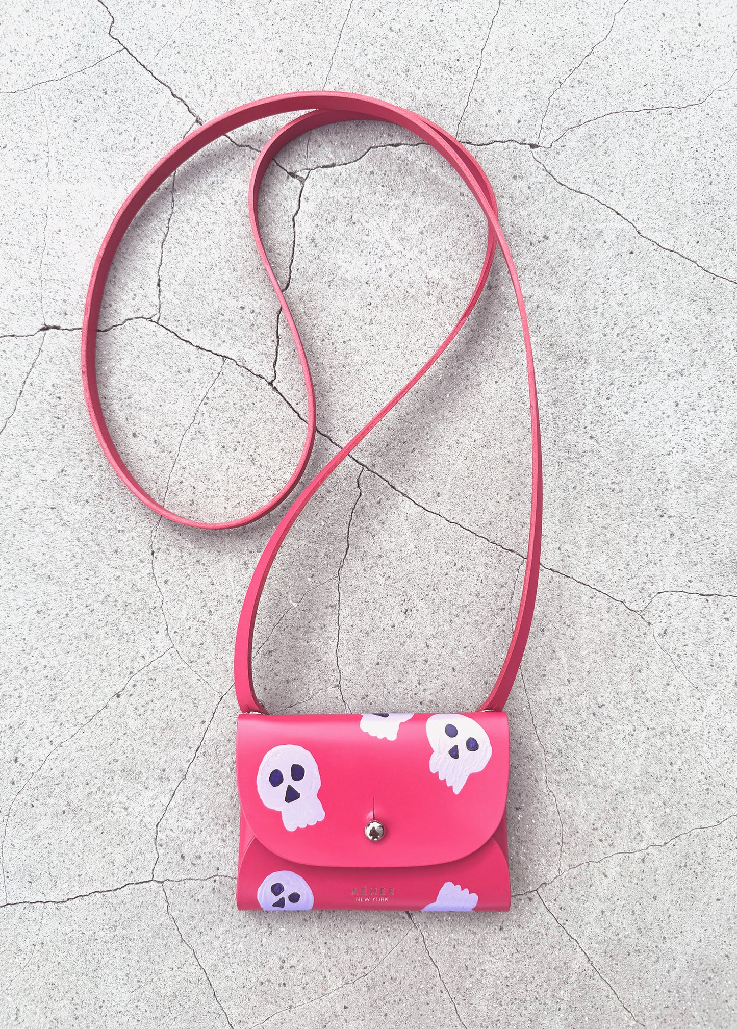 SKULL card holder wallet with Shoulder strap - Raspberry Red