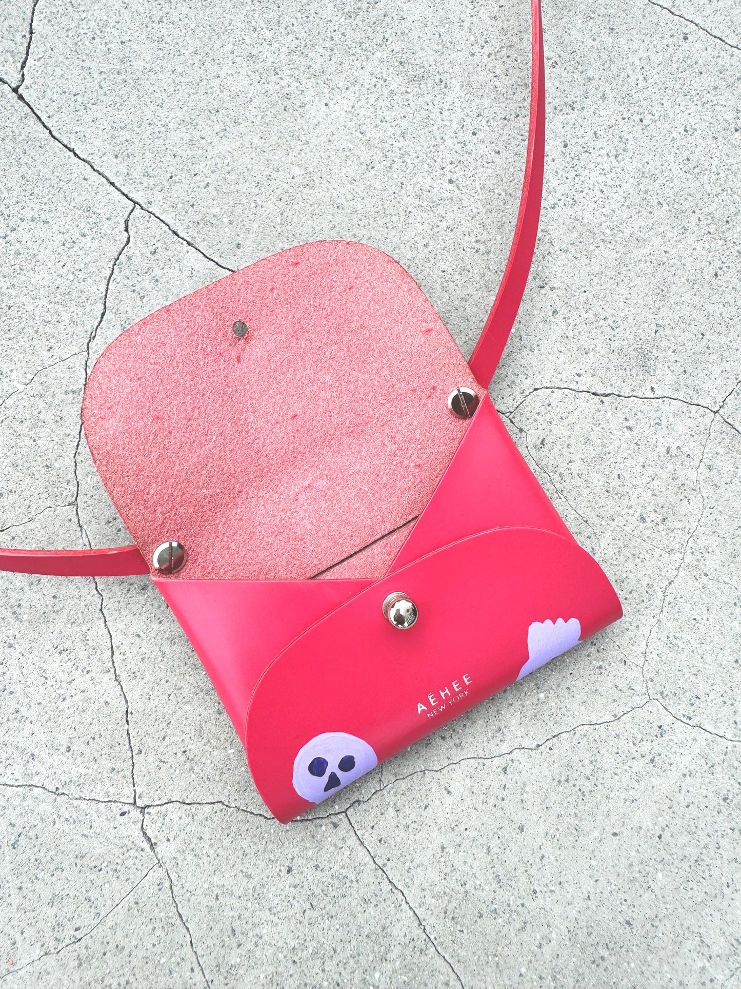 SKULL card holder wallet with Shoulder strap - Raspberry Red