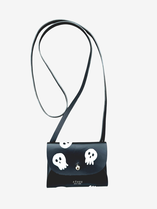 SKULL card holder wallet with Shoulder strap - Black